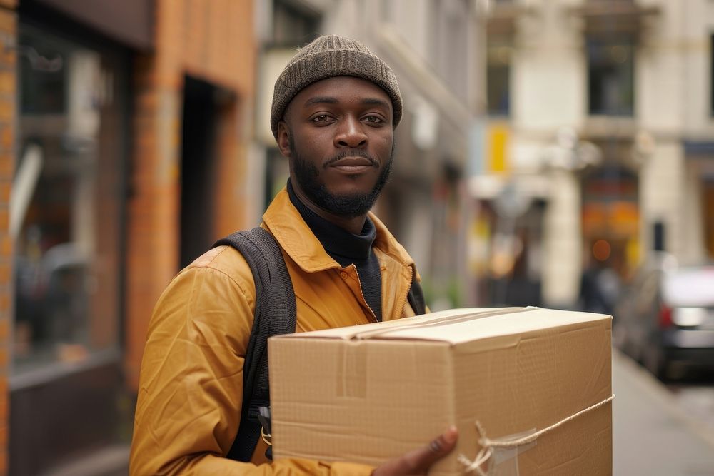 Young multi ethnic delivery man hand holding box cardboard adult architecture.
