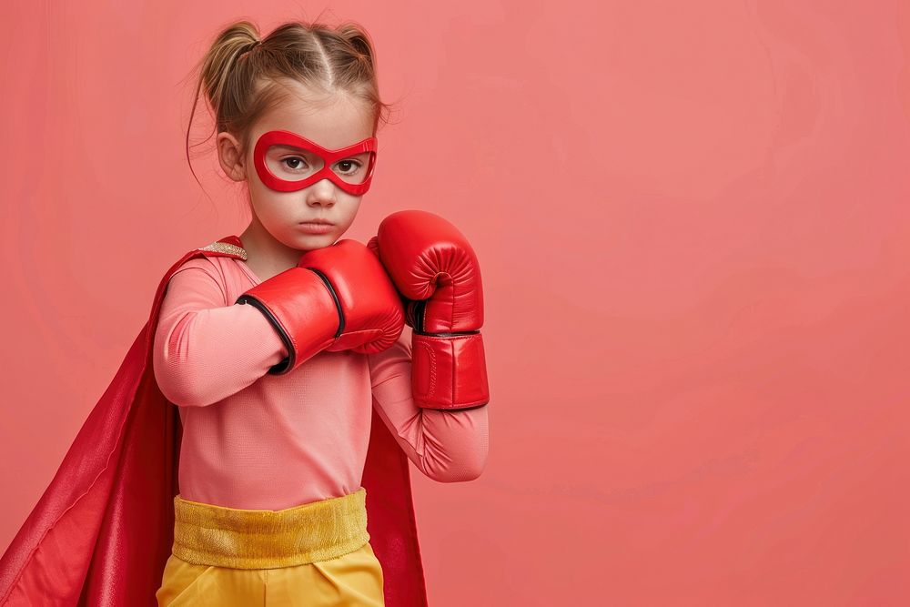 Superhero girl costume boxing child.