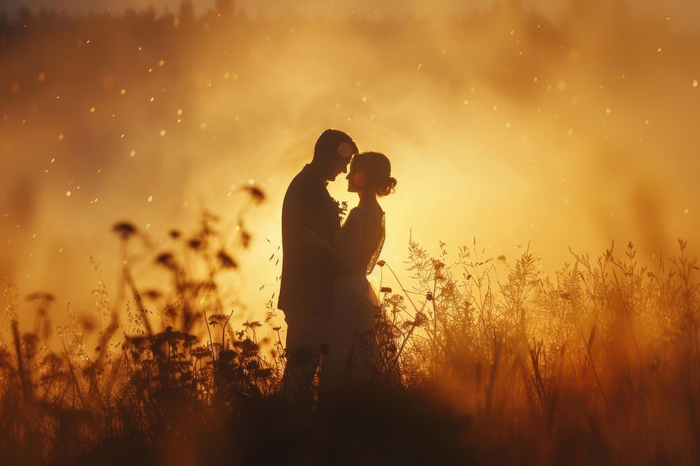 Bride and groom backlighting photography outdoors.