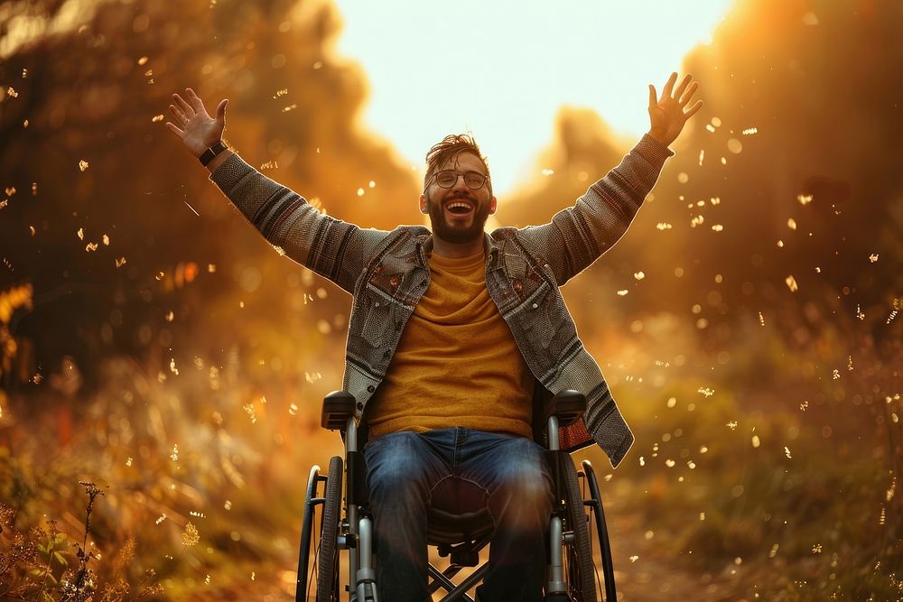Man on a wheel chair portrait adult excitement.