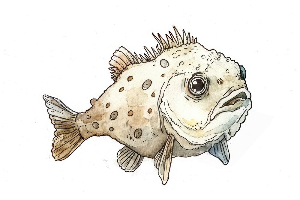 Puffers fish in style pen and ink cartoon animal sketch.