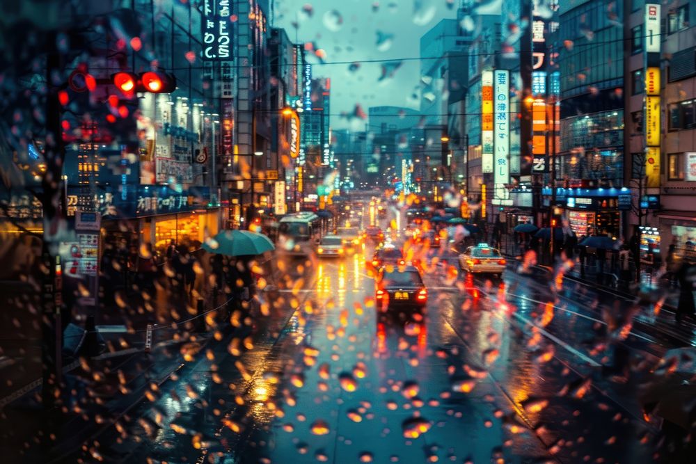 Rain scene with japanese city architecture metropolis cityscape.