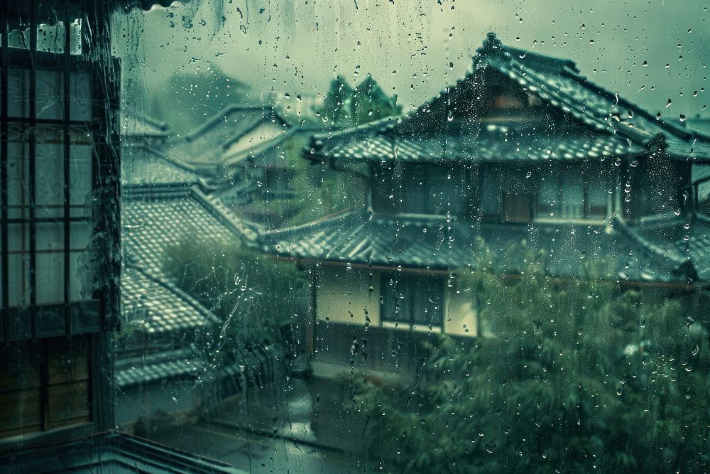 Rain scene with japanese city outdoors architecture transparent.