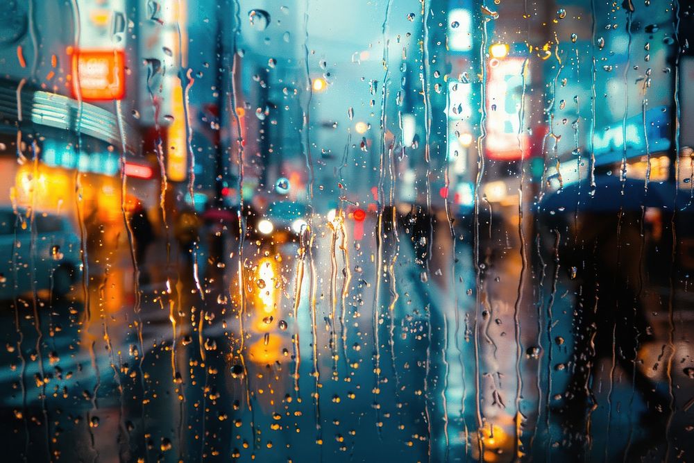 Rain scene with japanese city outdoors glass car.