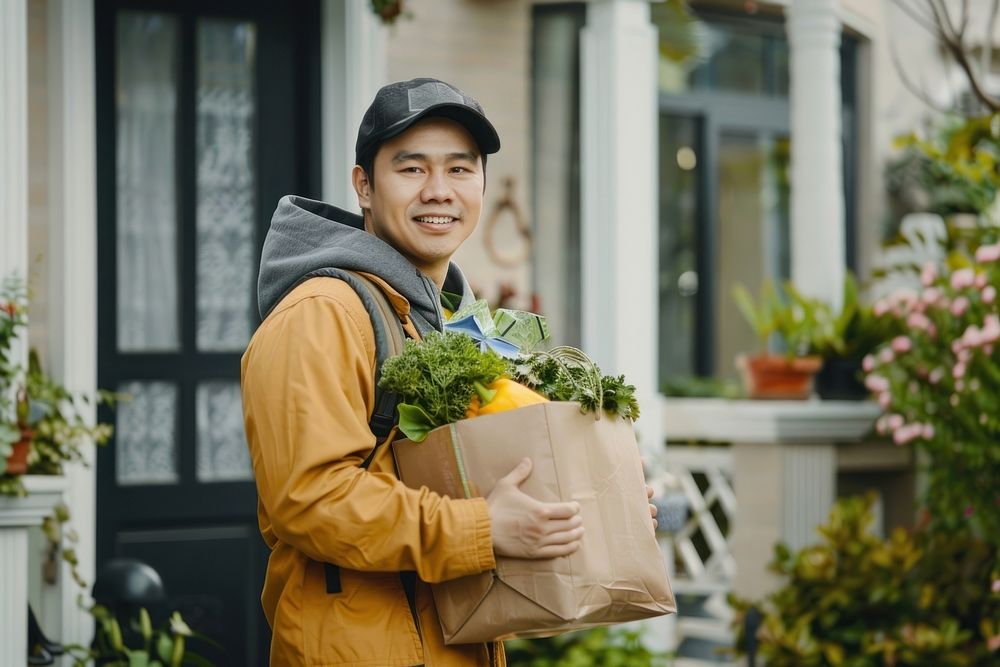 Delivery man delivering food outdoors adult plant.