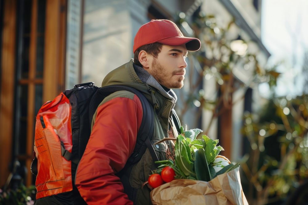 Delivery man delivering food backpack adult gardening.