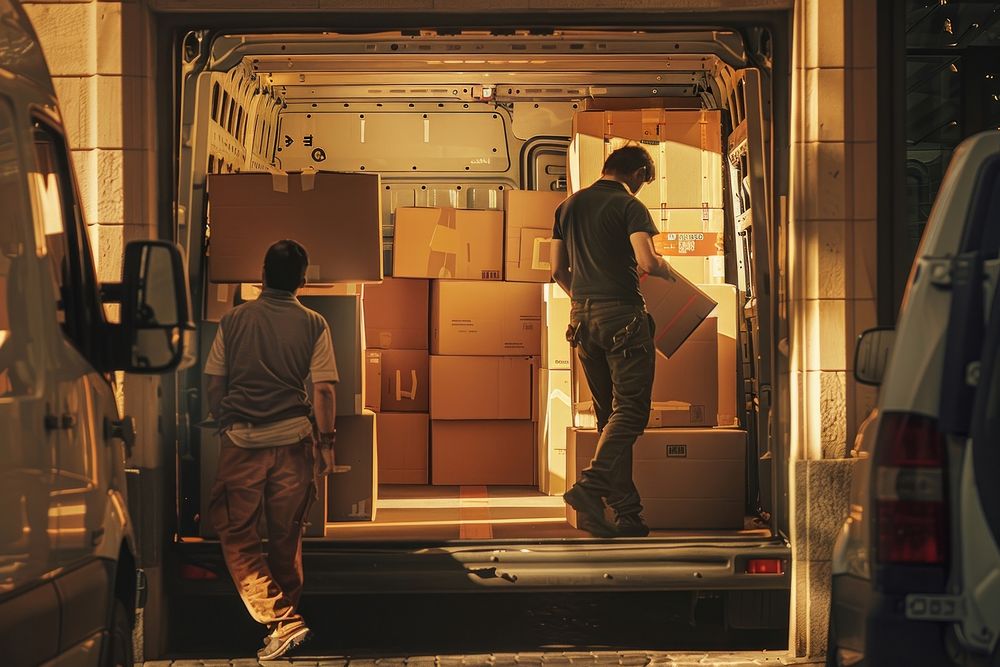 Delivery men loading carboard boxes in a van vehicle adult transportation.