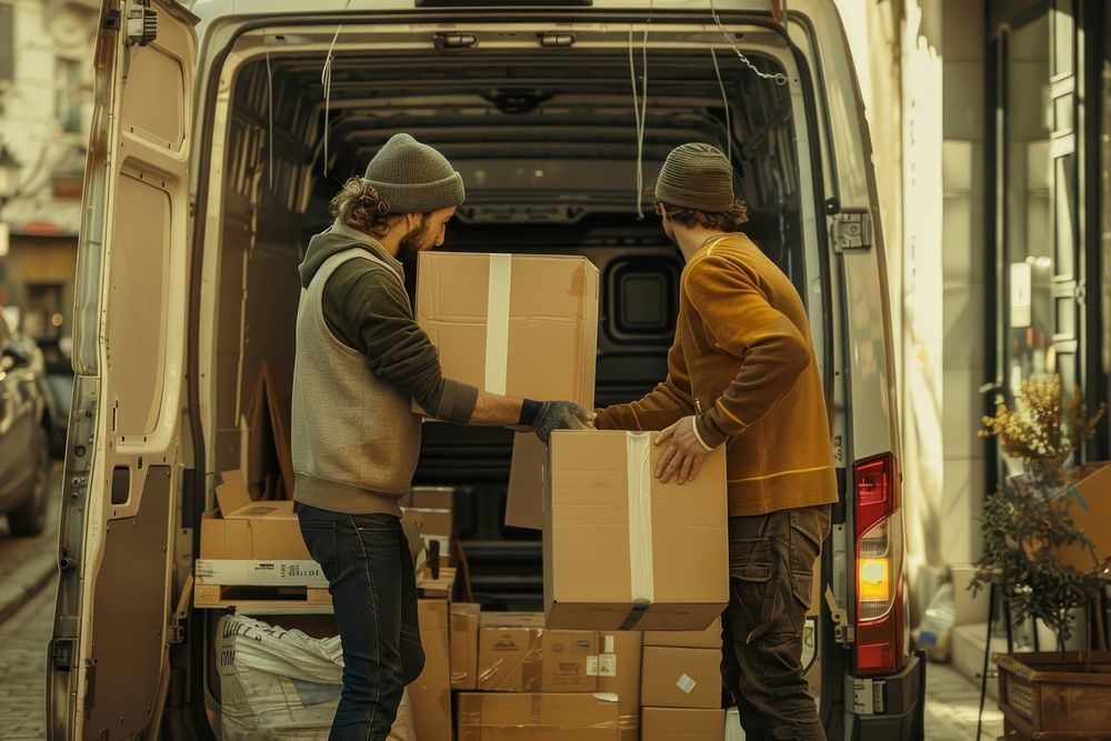 Delivery men loading carboard boxes in a van cardboard vehicle adult.
