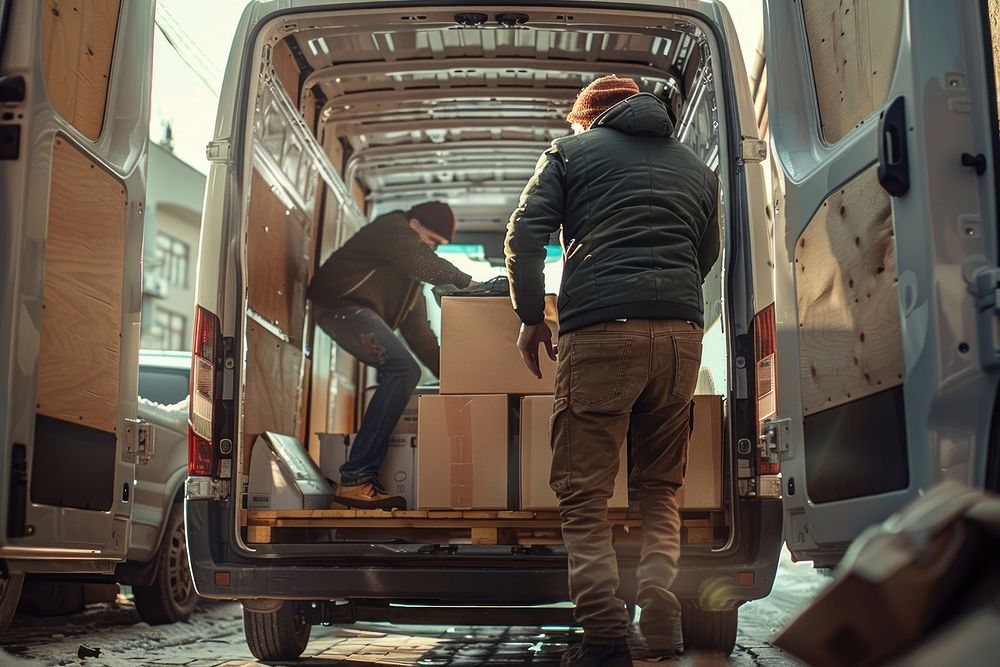 Delivery men loading carboard boxes in a van vehicle adult transportation.
