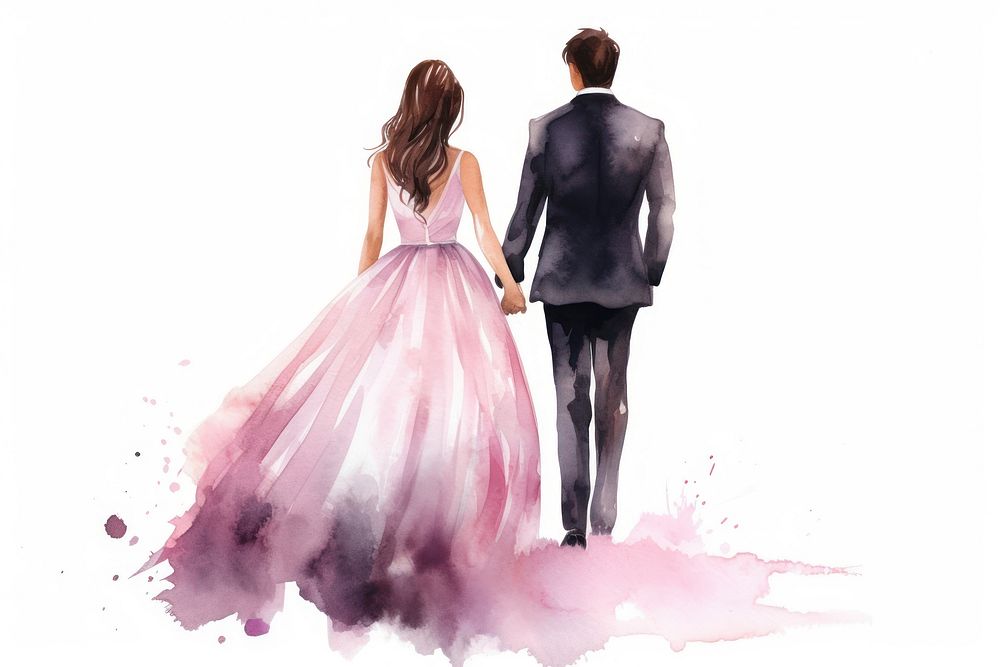 A groom and bride holding hands fashion wedding dress.