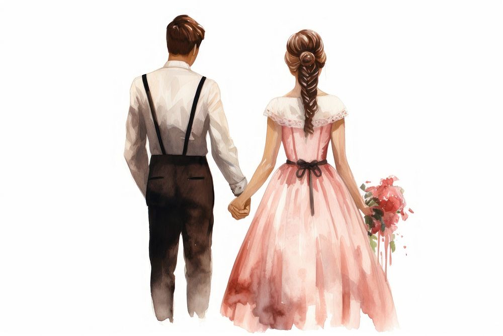 A groom and bride holding hands wedding flower dress.