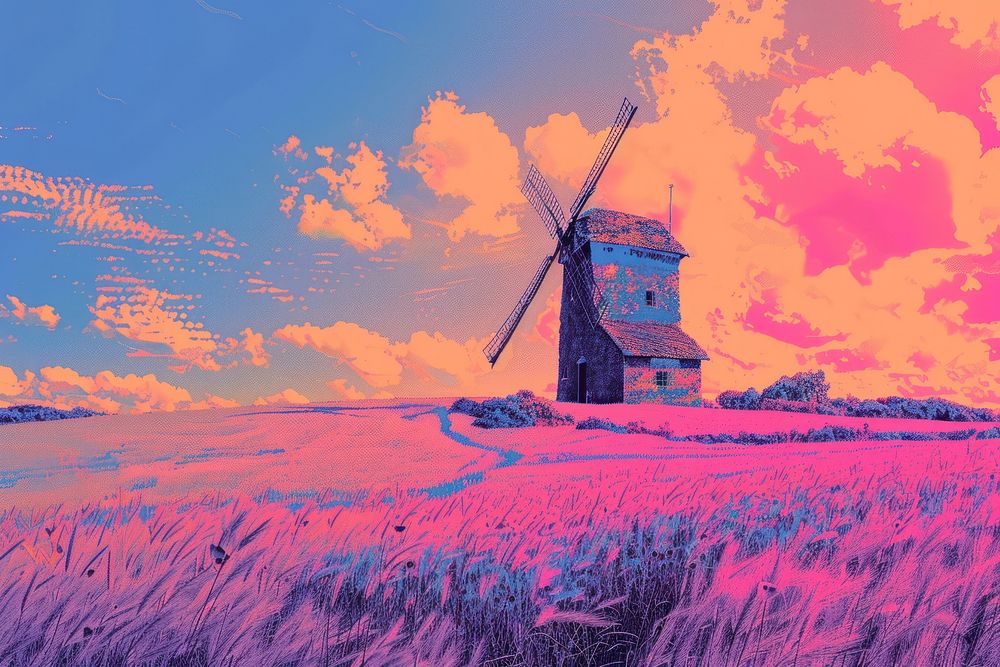 Windmill risograph architecture outdoors agriculture.