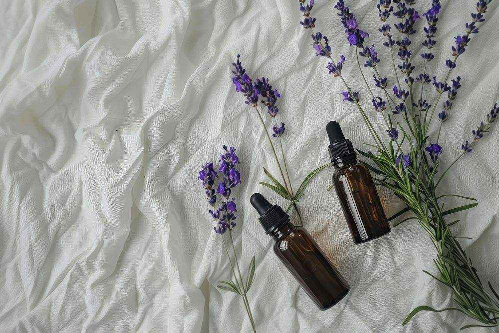 Aromatherapy ingredients lavender perfume flower bottle.