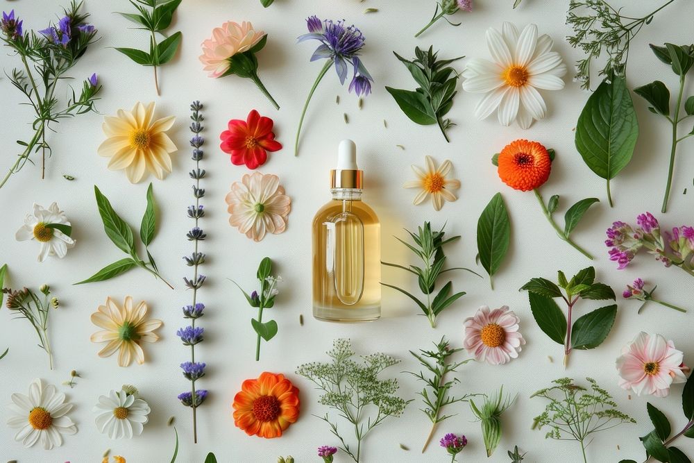 Aromatherapy wild flower ingredients perfume bottle plant.