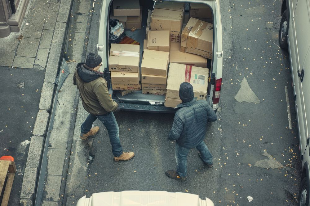 Two men loading boxes vehicle adult car.