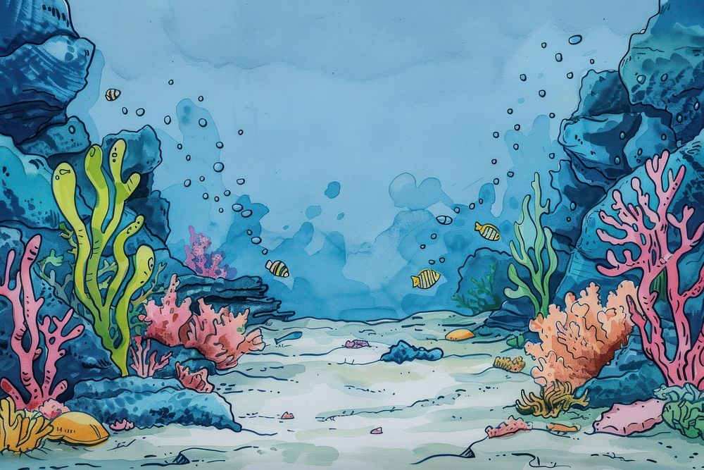Underwater world in style pen and ink sea outdoors painting.