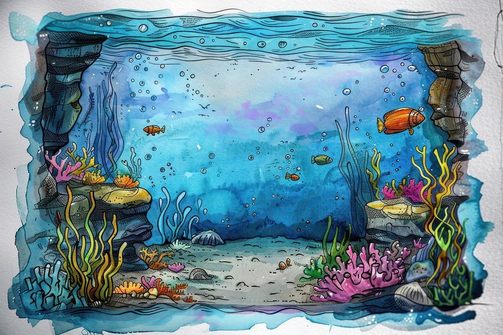 Underwater world in style pen and ink fish painting aquarium.