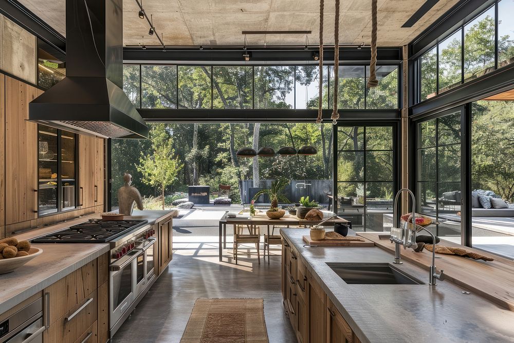 Modern kitchen interior design plant sink wood.