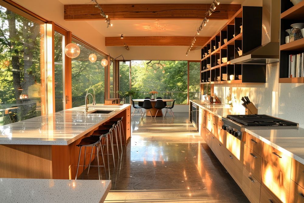 Modern kitchen interior design furniture table floor.