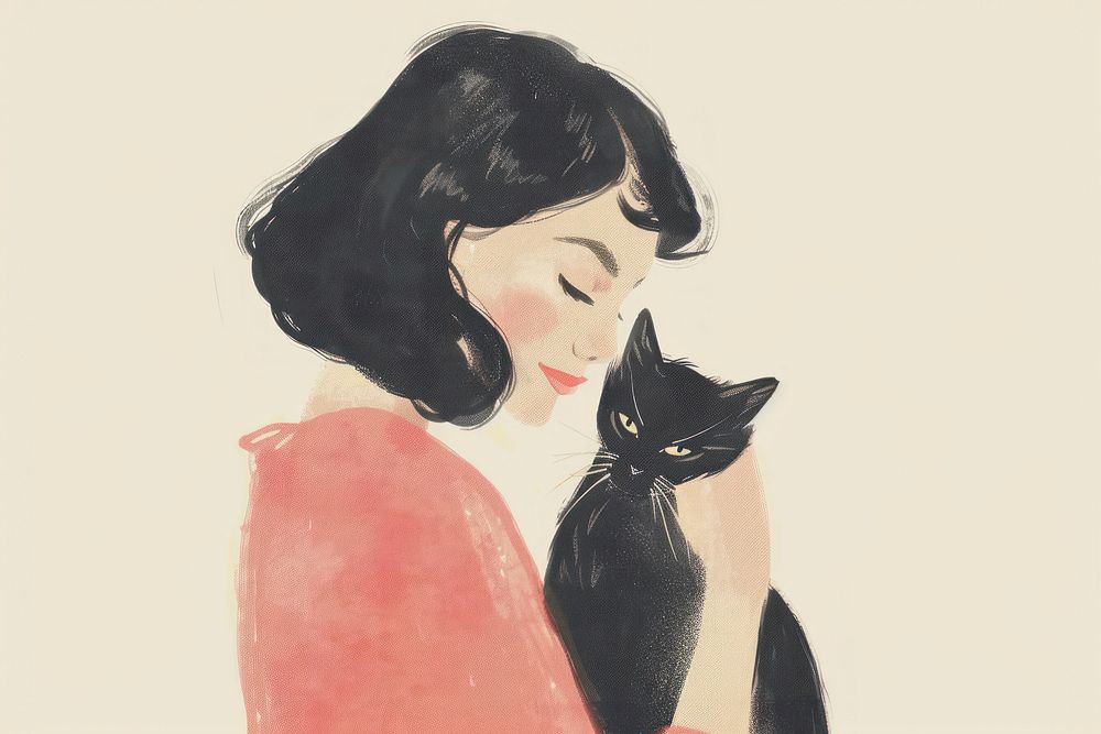 Vintage illustration woman holding cat portrait painting animal.