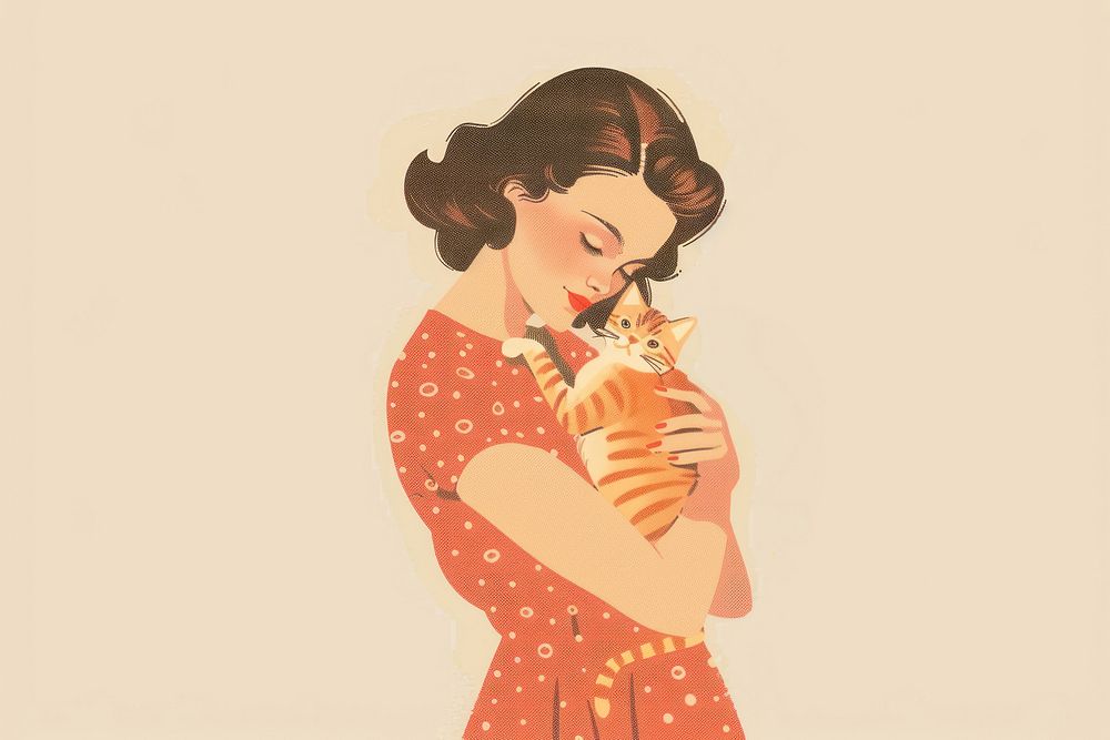 Vintage illustration woman holding cat portrait cartoon adult.