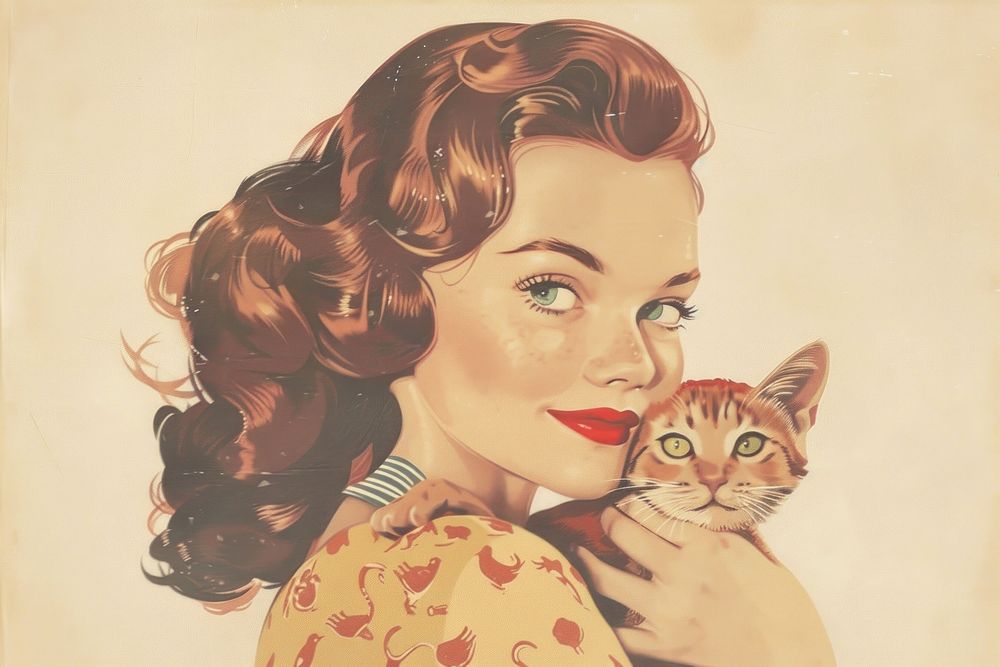 Vintage illustration woman holding cat portrait drawing mammal.