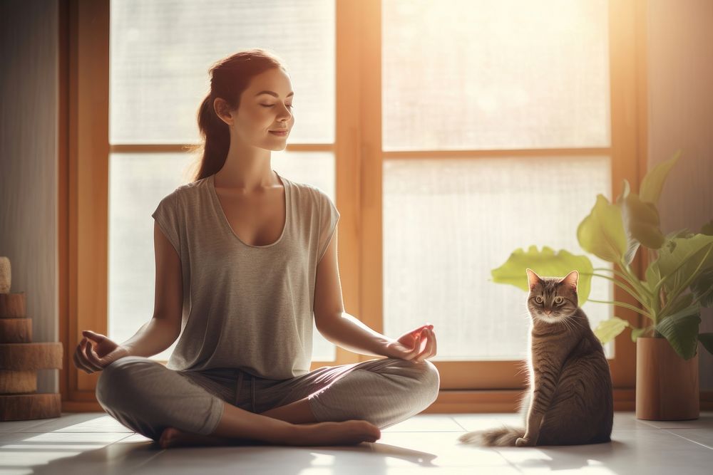Young attractive smiling woman practicing yoga sitting mammal adult.