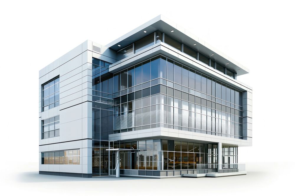 3D render of office building architecture city white background.