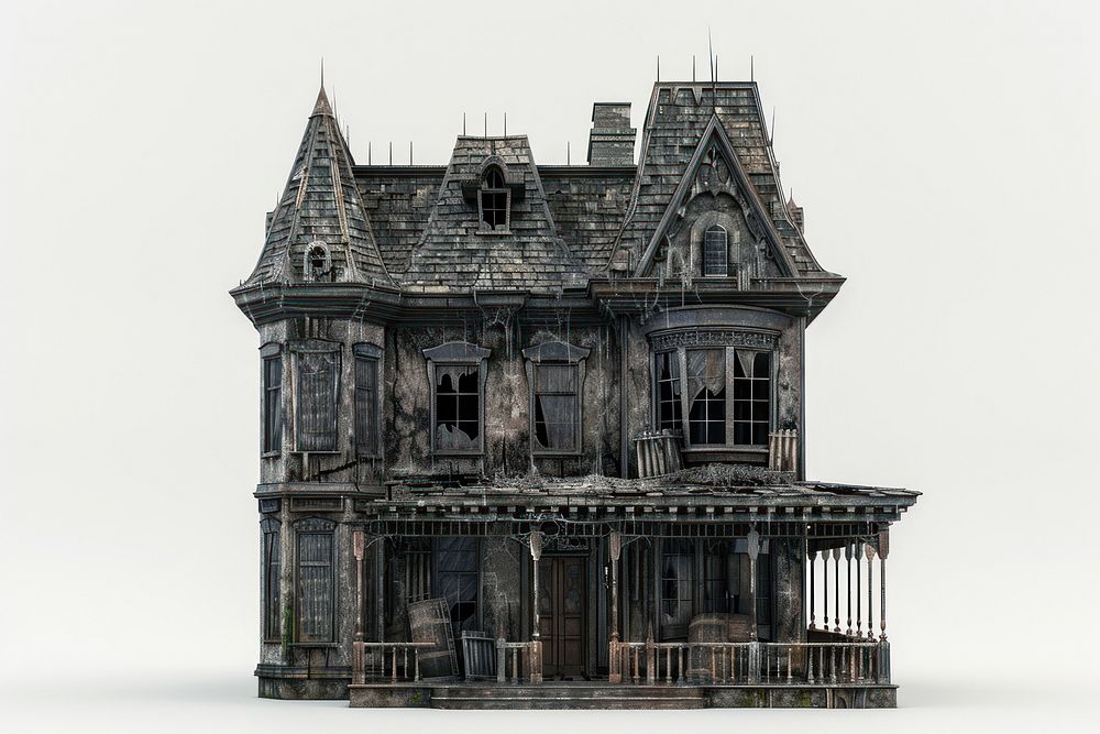 3D render of haunted house architecture building white background.