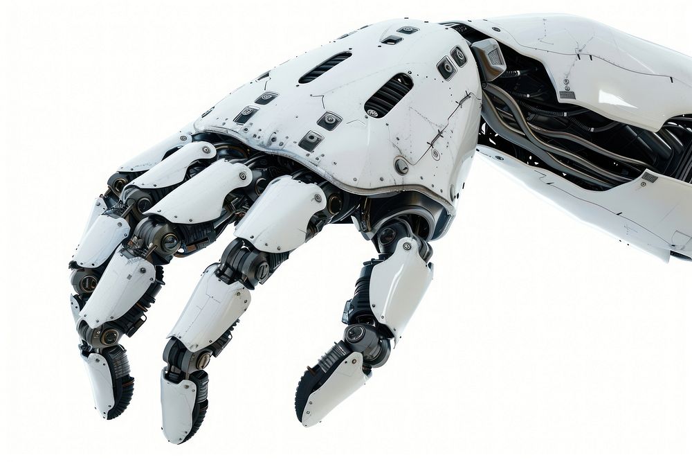 Robot hand white background transportation electronics.