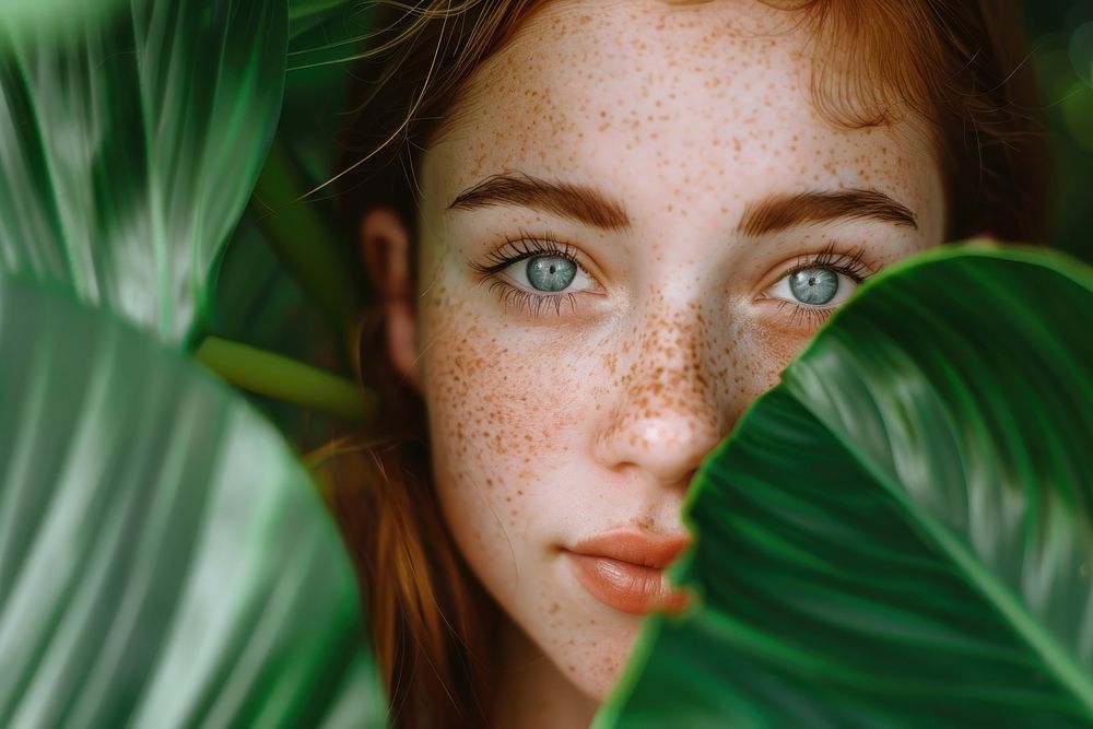 Girl with freckles posing adult green skin.
