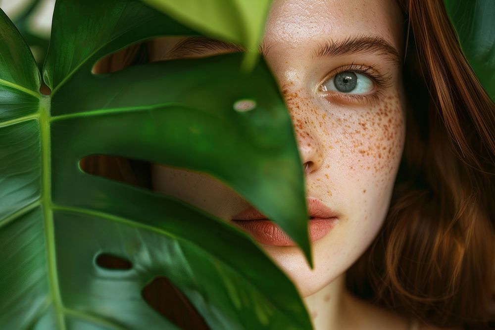 Girl with freckles posing adult plant green.