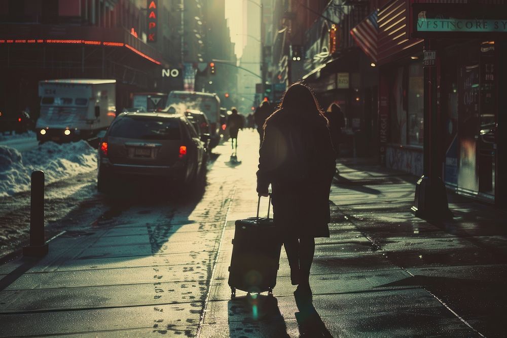 A woman walks down a city street with her suitcase vehicle walking adult.