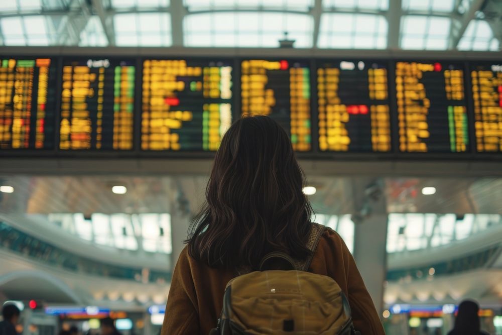 A woman stares at the departure board screen in an airport adult infrastructure architecture.