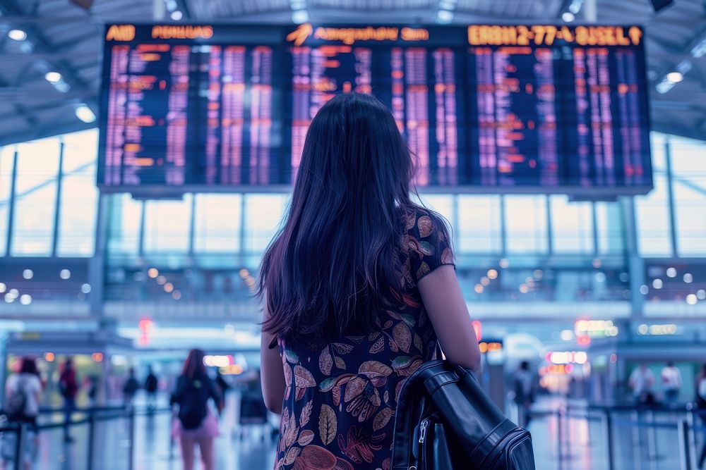 A woman stares at the departure board screen in an airport adult infrastructure architecture.
