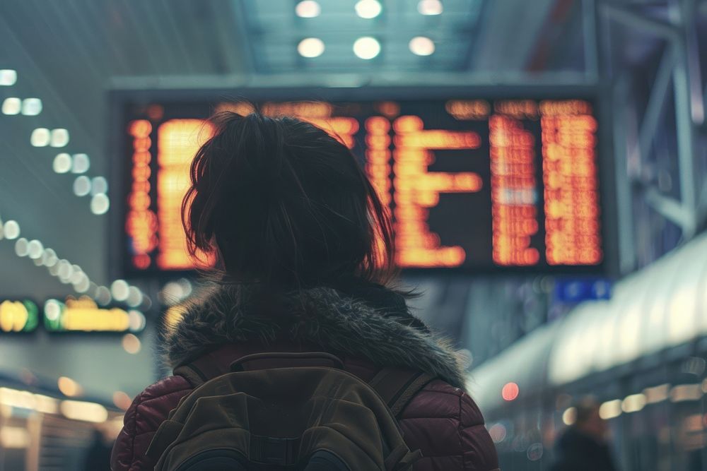 A woman stares at the departure board screen in an airport adult architecture illuminated.