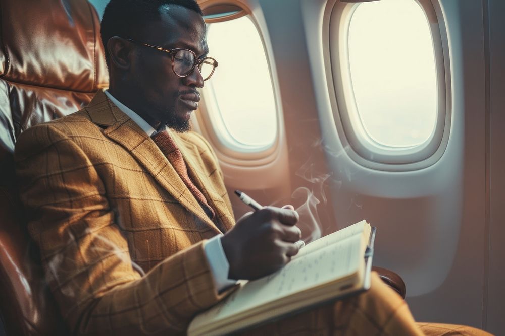 African businessman sitting on an airplane seat and writing glasses adult book.