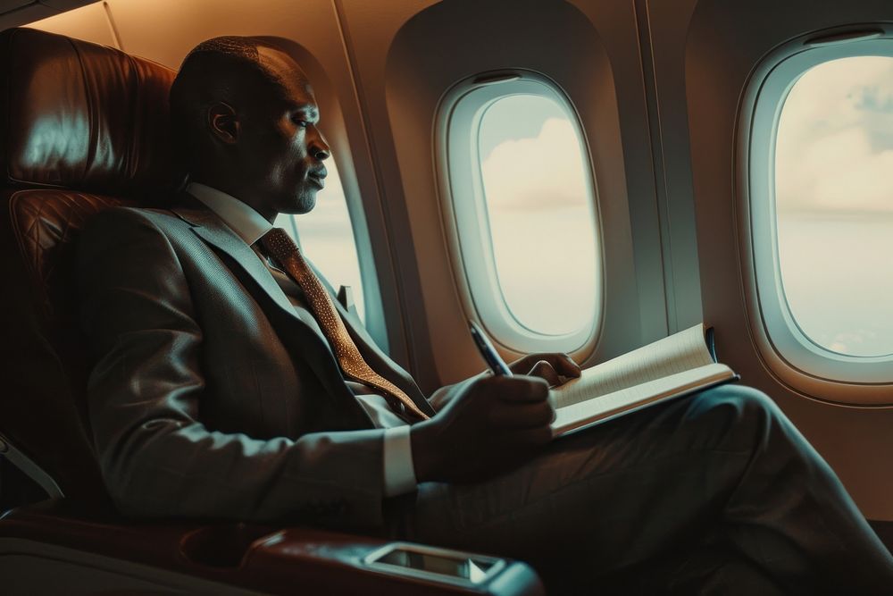 African businessman sitting on an airplane seat and writing vehicle window adult.