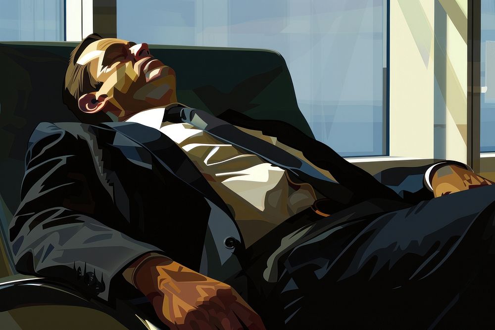Businessman sleeping in an airport lounge furniture transportation architecture.