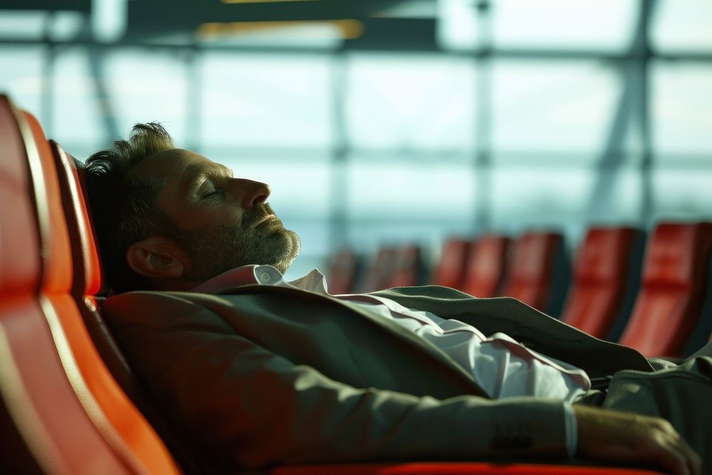 Businessman sleeping in an airport lounge adult transportation contemplation.