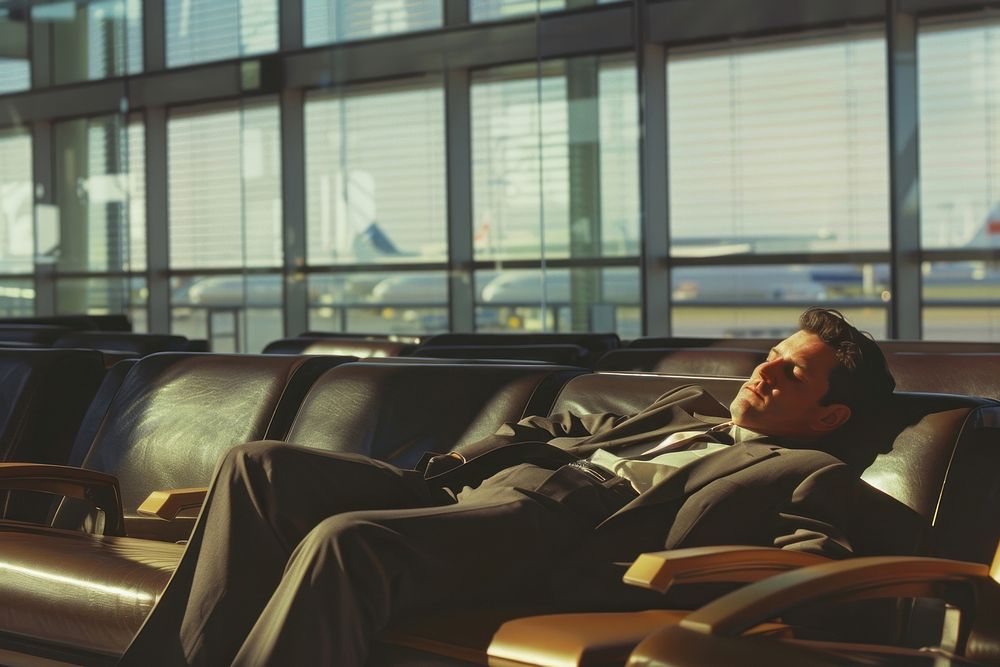 Businessman sleeping in an airport lounge furniture chair adult.