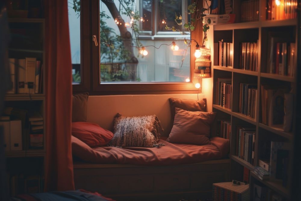 A cozy reading nook comfortable furniture bookshelf.
