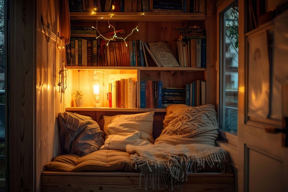 A cozy reading nook furniture bookshelf lighting.