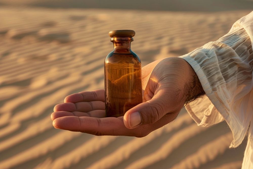 Oud Oils bottle outdoors holding nature.