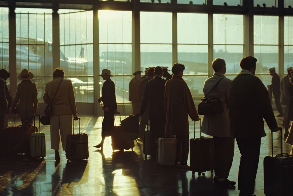A group of people line up with luggage in an airport adult transportation architecture.