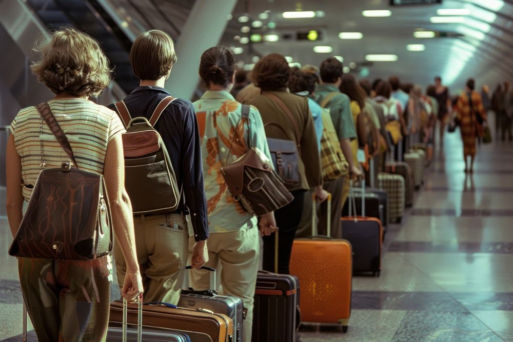 A group of people line up with luggage in an airport adult infrastructure architecture.