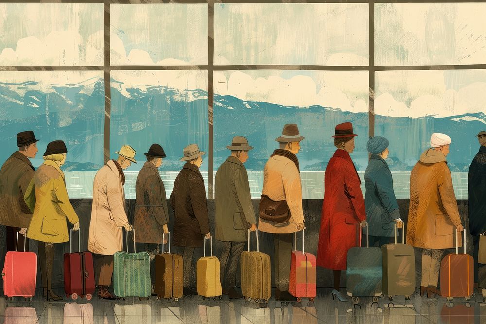 A group of people line up with luggage in an airport adult architecture accessories.