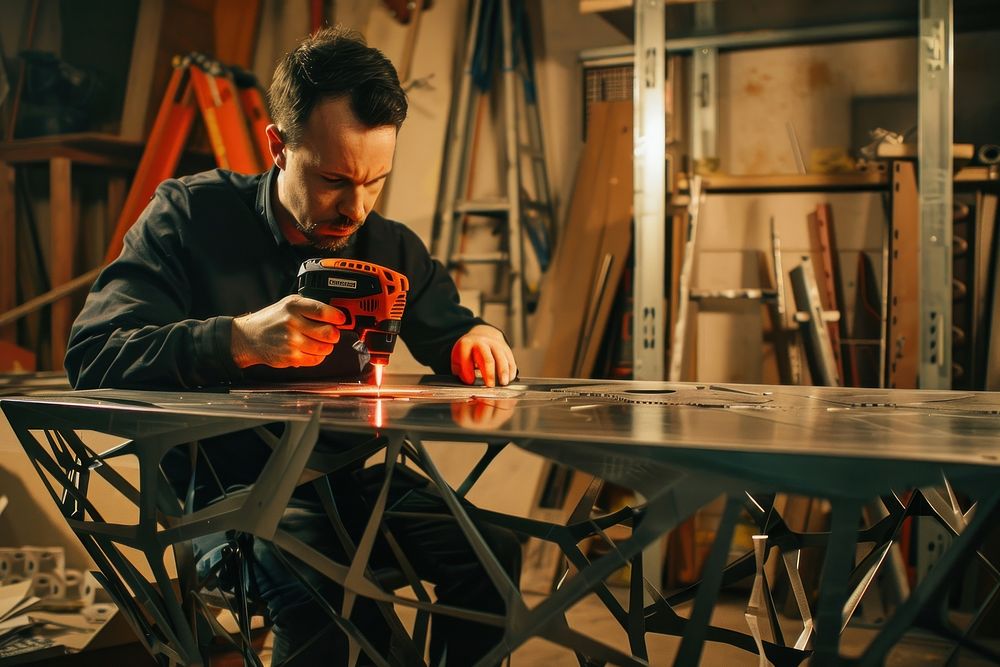 Man constructing a metal table adult concentration manufacturing.