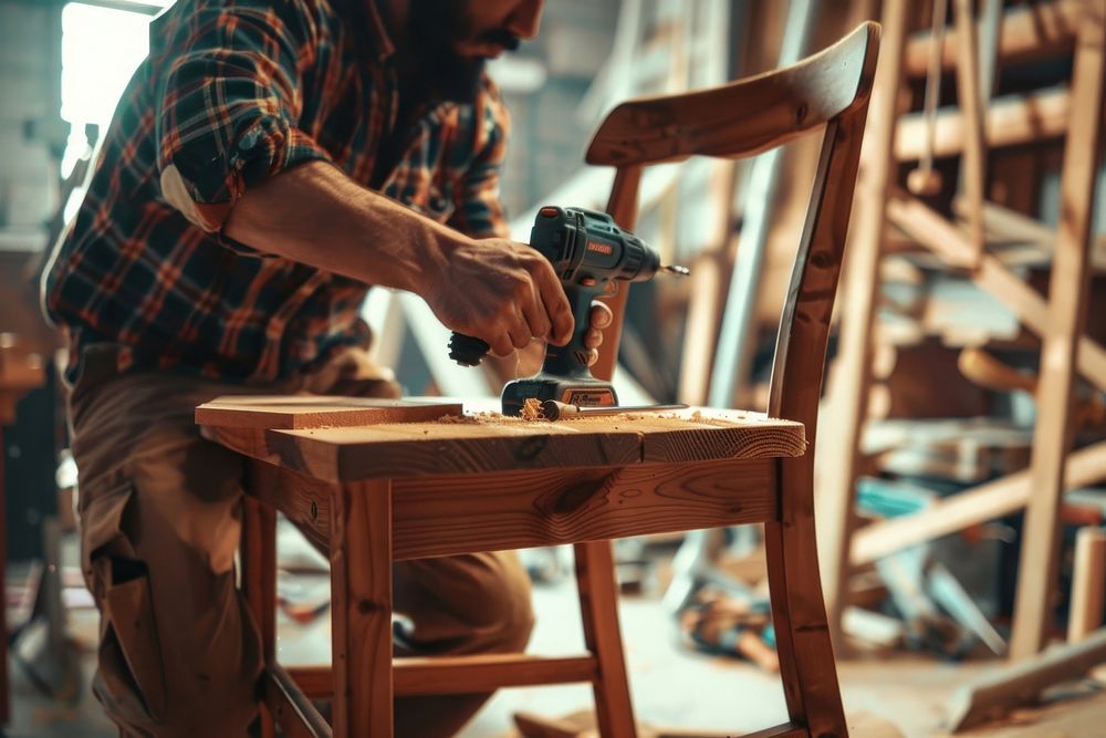 Man constructing a wooden chair adult tool craftsperson.
