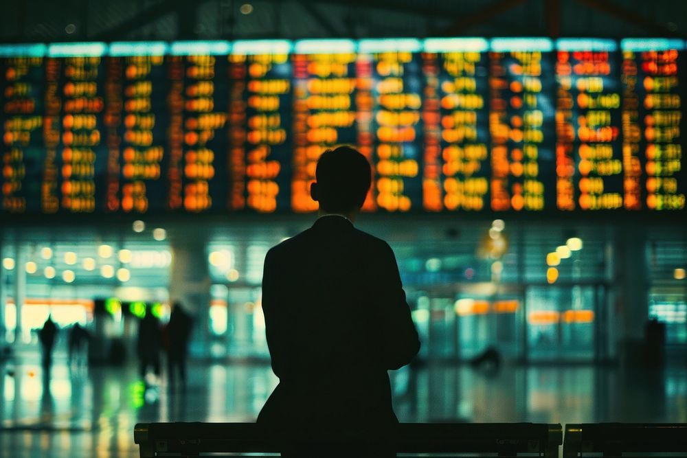A man stares at the departure board screen in an airport adult architecture illuminated.